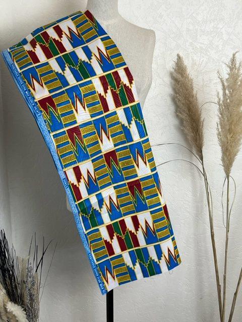 tissu africain en véritable Wax bleu, blanc, jaune et bordeaux