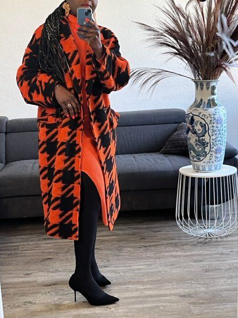 Manteau long femme orange noir